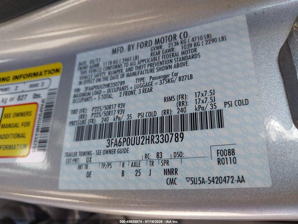 3FA6P0UU2HR330789 2017 FORD FUSION HYBRID photo no. 9