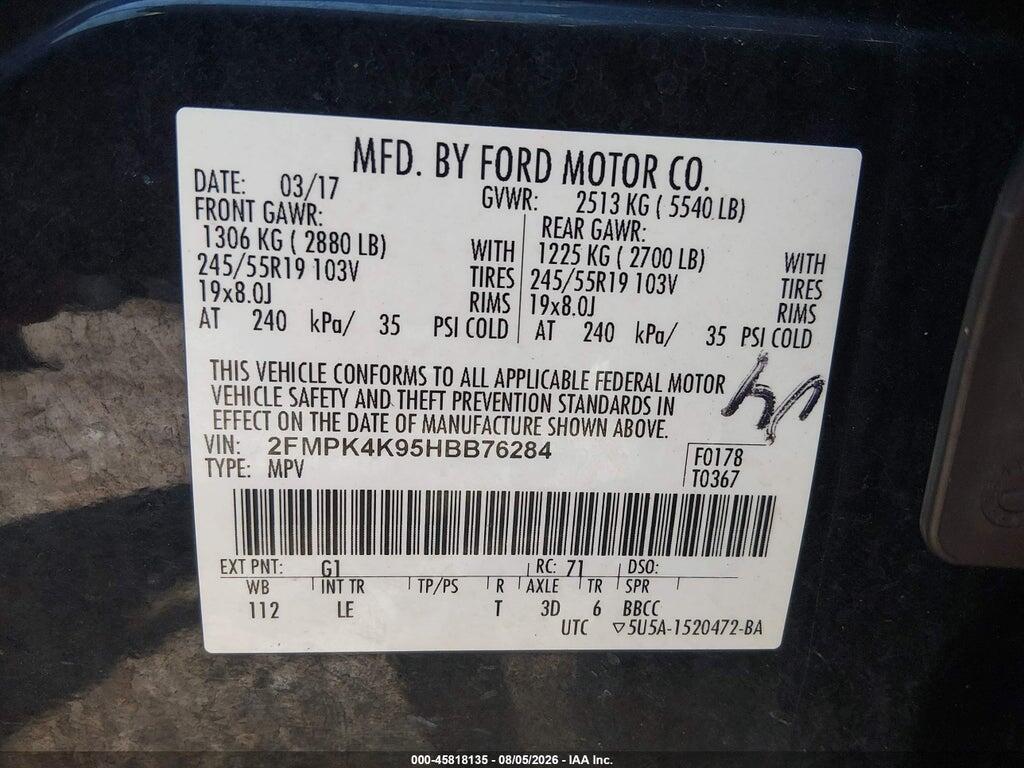 2FMPK4K95HBB76284 2017 FORD EDGE photo no. 9