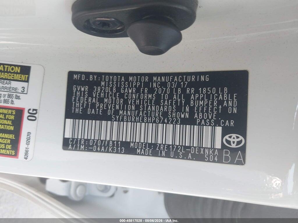 5YFBURHE8HP674223 2017 TOYOTA COROLLA photo no. 9
