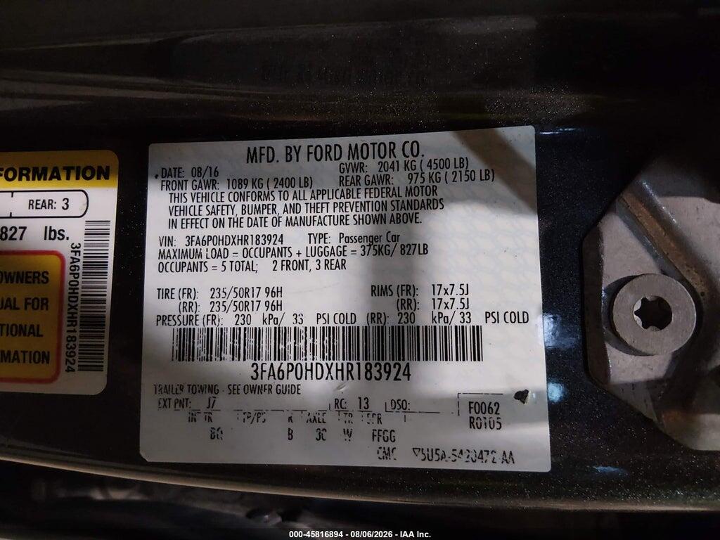 3FA6P0HDXHR183924 2017 FORD FUSION photo no. 9