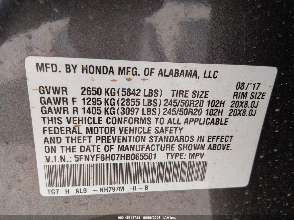 5FNYF6H07HB065501 2017 HONDA PILOT photo no. 9
