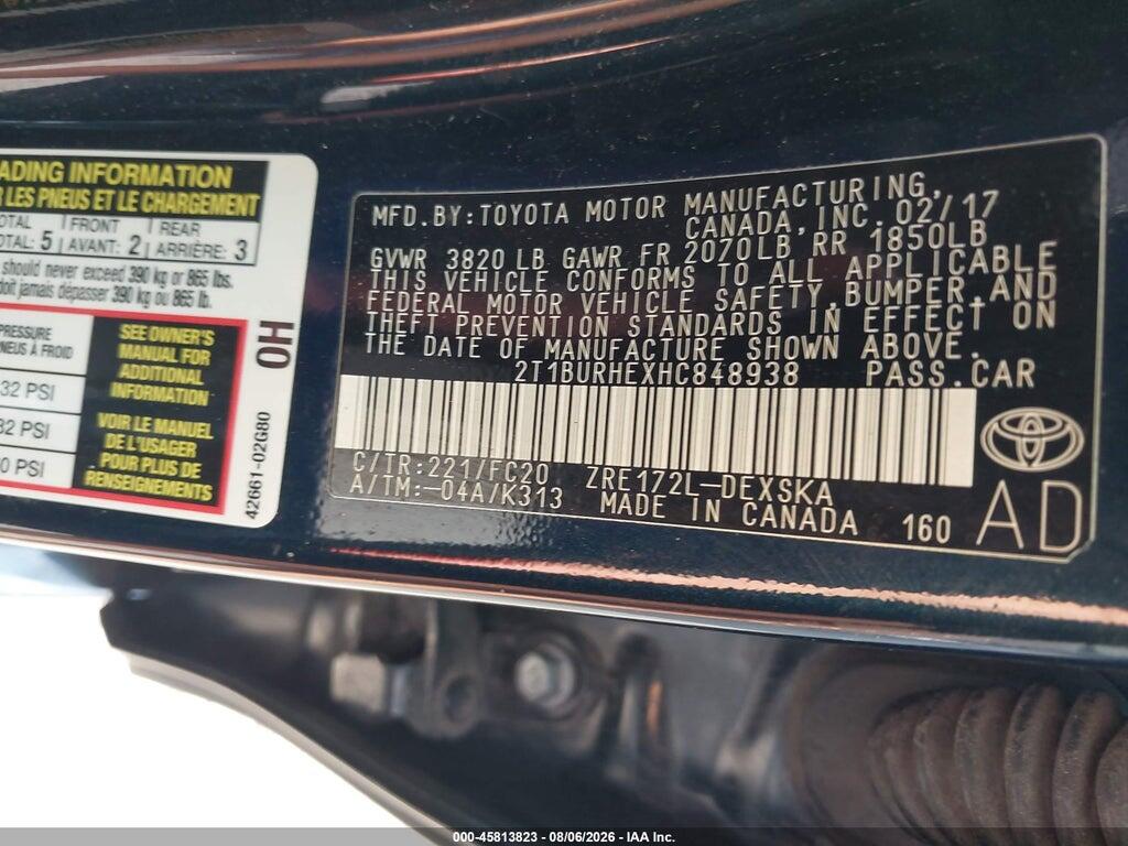 2T1BURHEXHC848938 2017 TOYOTA COROLLA photo no. 9