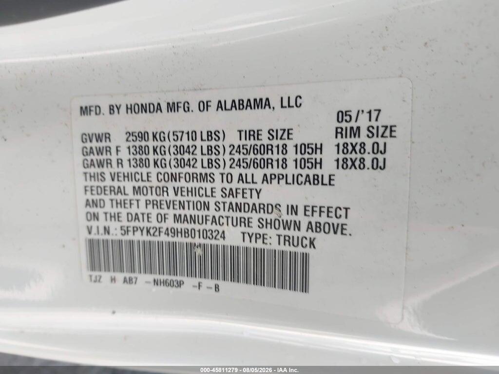 5FPYK2F49HB010324 2017 HONDA RIDGELINE photo no. 9
