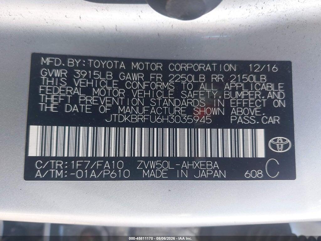 JTDKBRFU6H3035945 2017 TOYOTA PRIUS photo no. 9
