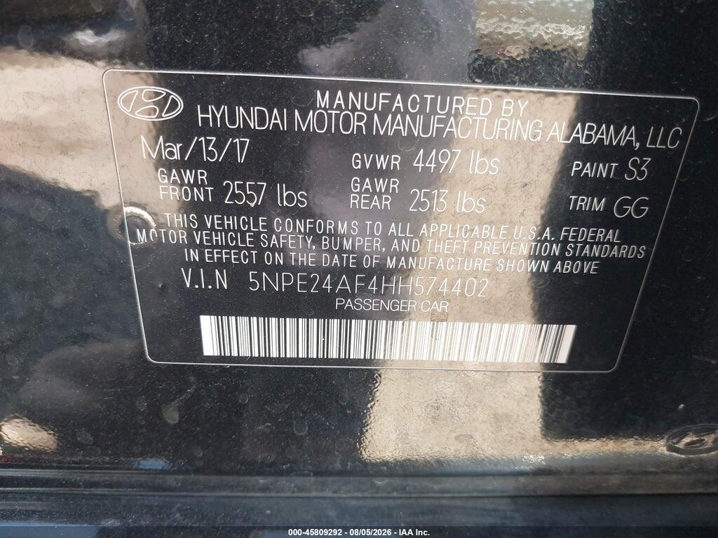 5NPE24AF4HH574402 2017 HYUNDAI SONATA photo no. 9