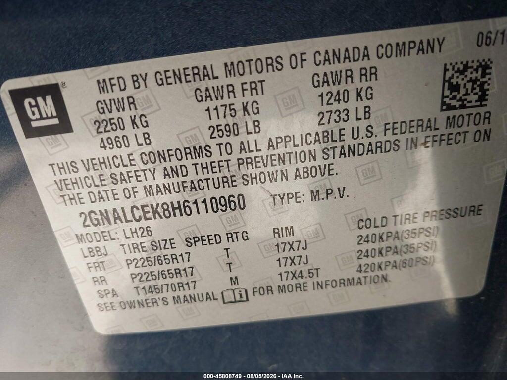 2GNALCEK8H6110960 2017 CHEVROLET EQUINOX photo no. 9