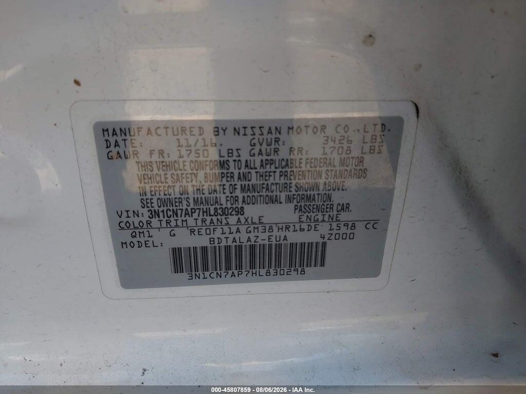 3N1CN7AP7HL830298 2017 NISSAN VERSA photo no. 9