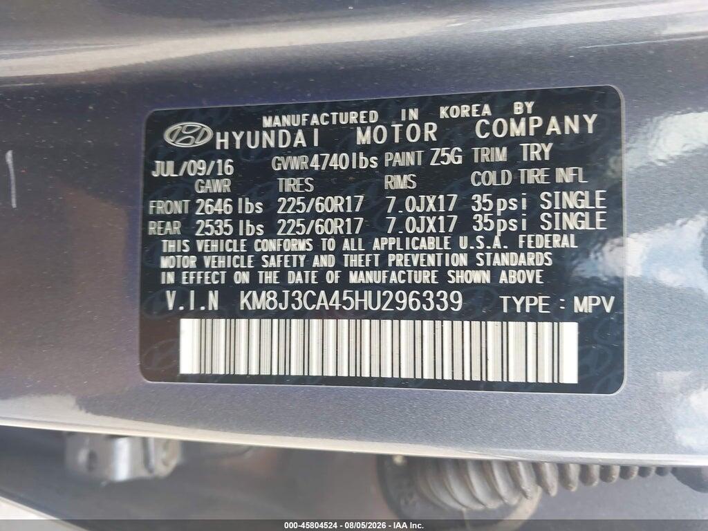 KM8J3CA45HU296339 2017 HYUNDAI TUCSON photo no. 9