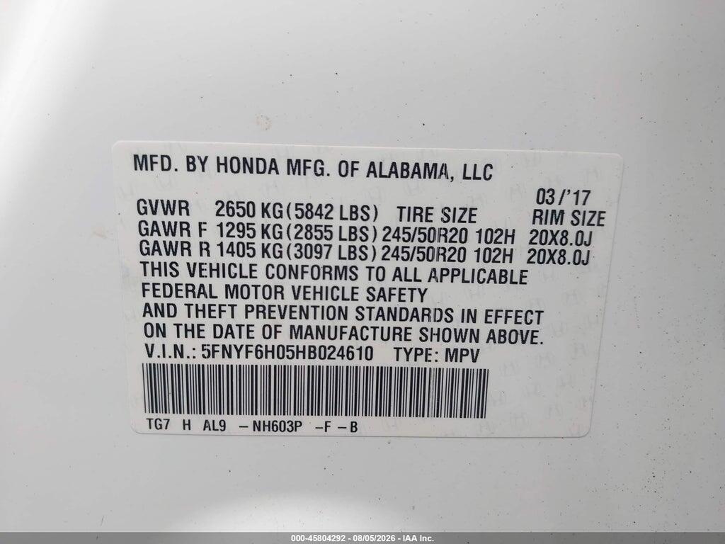 5FNYF6H05HB024610 2017 HONDA PILOT photo no. 9