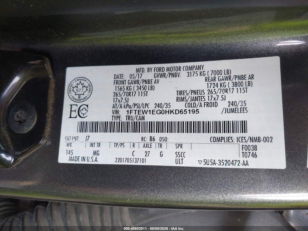 1FTEW1EG0HKD65195 2017 FORD F-150 photo no. 9