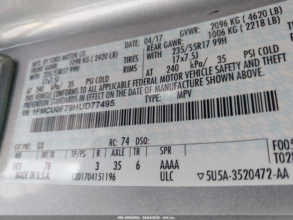 1FMCU0F79HUD77495 2017 FORD ESCAPE photo no. 9