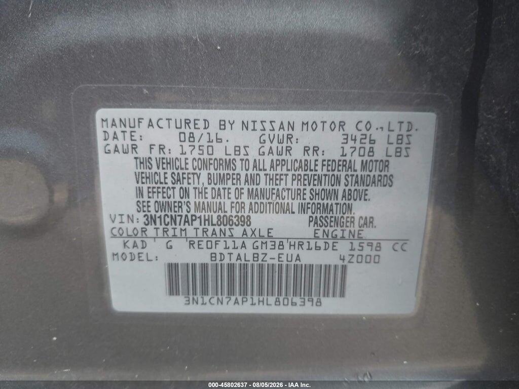 3N1CN7AP1HL806398 2017 NISSAN VERSA photo no. 9