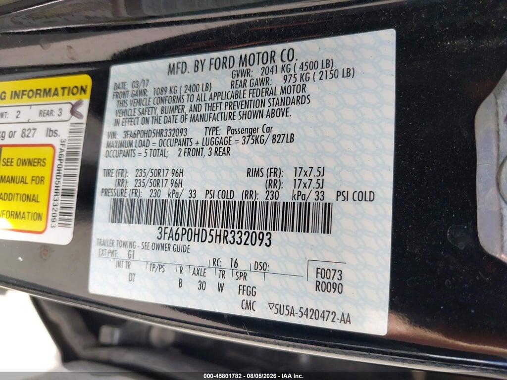 3FA6P0HD5HR332093 2017 FORD FUSION photo no. 9
