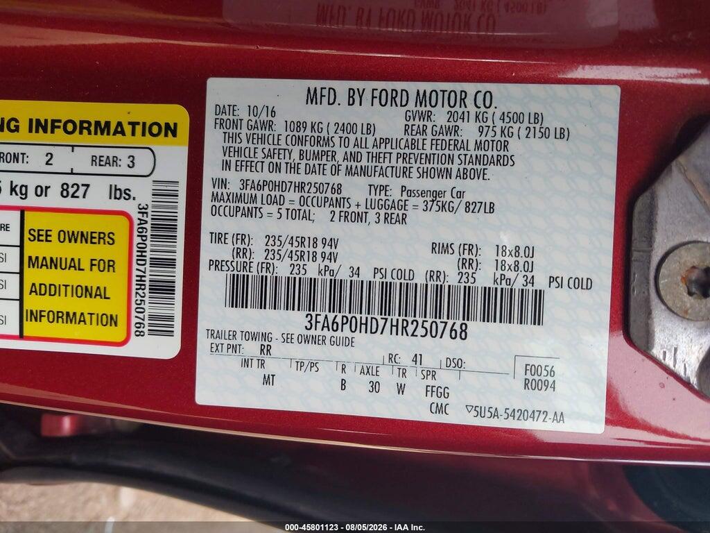 3FA6P0HD7HR250768 2017 FORD FUSION photo no. 9