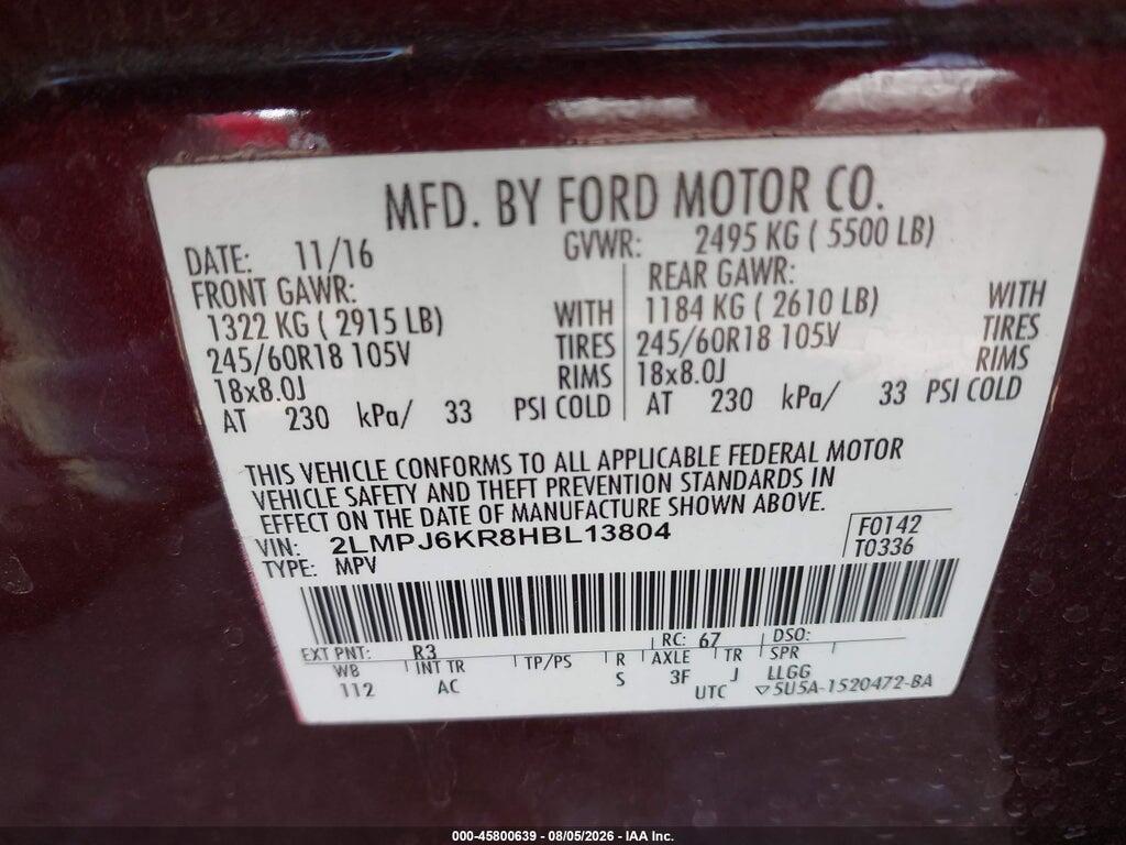 2LMPJ6KR8HBL13804 2017 LINCOLN MKX photo no. 9