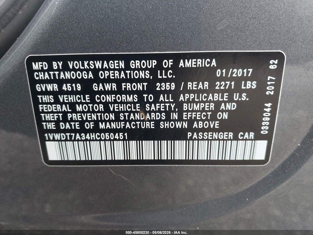 1VWDT7A34HC050451 2017 VOLKSWAGEN PASSAT photo no. 9