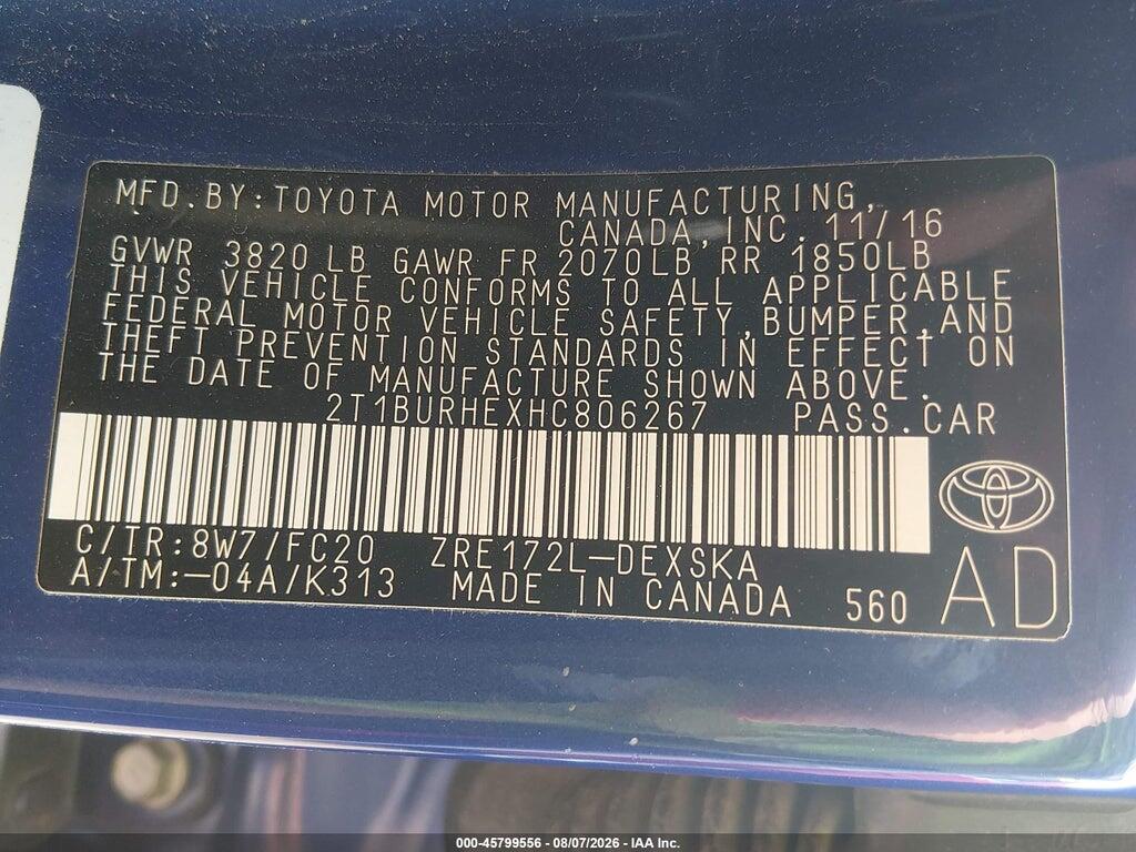 2T1BURHEXHC806267 2017 TOYOTA COROLLA photo no. 9