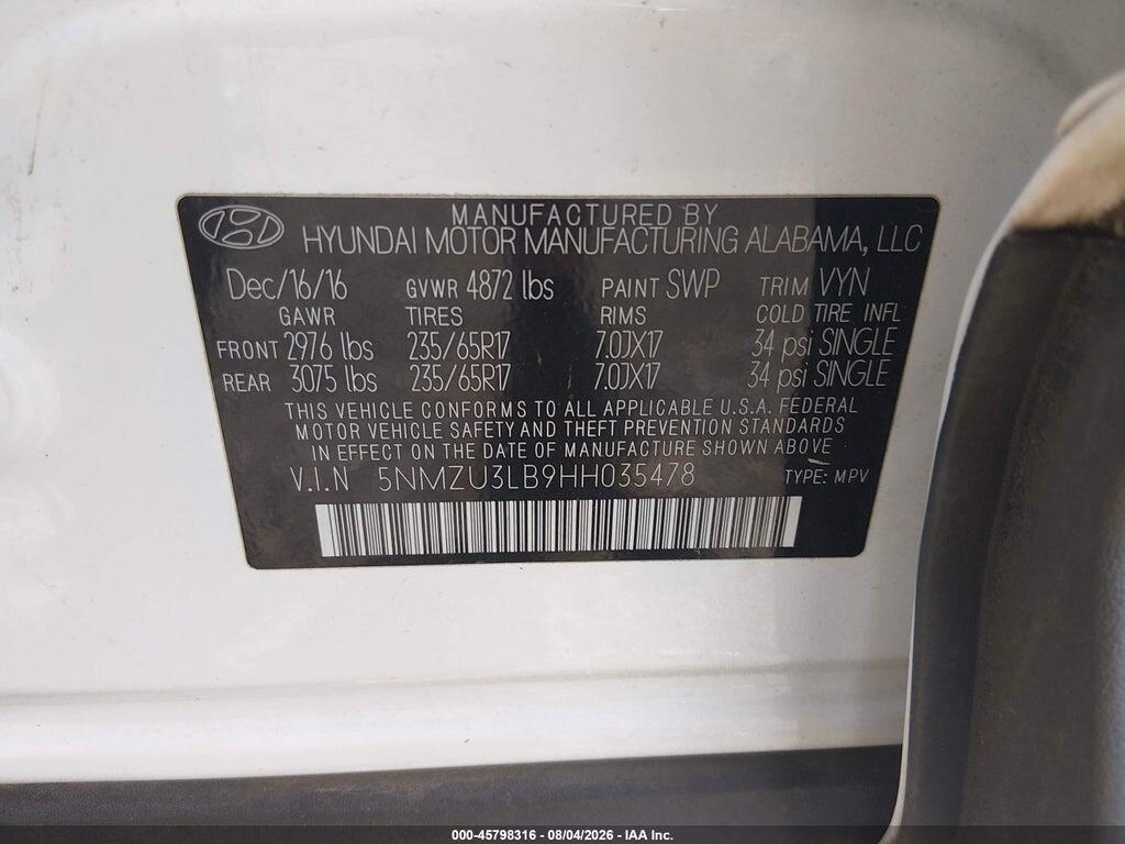 5NMZU3LB9HH035478 2017 HYUNDAI SANTA FE SPORT photo no. 9