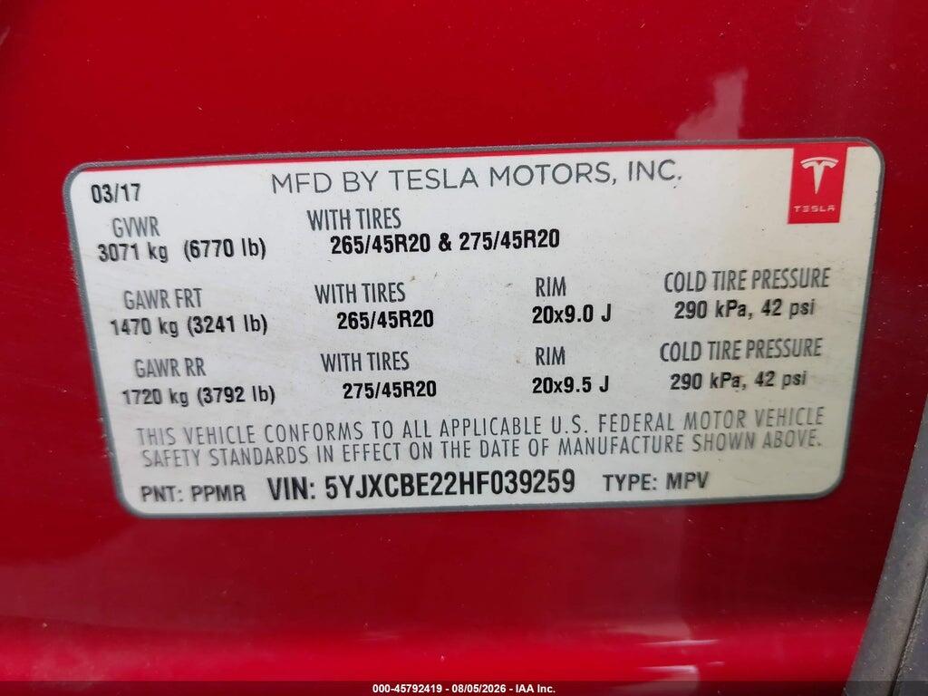 5YJXCBE22HF039259 2017 TESLA MODEL X photo no. 9