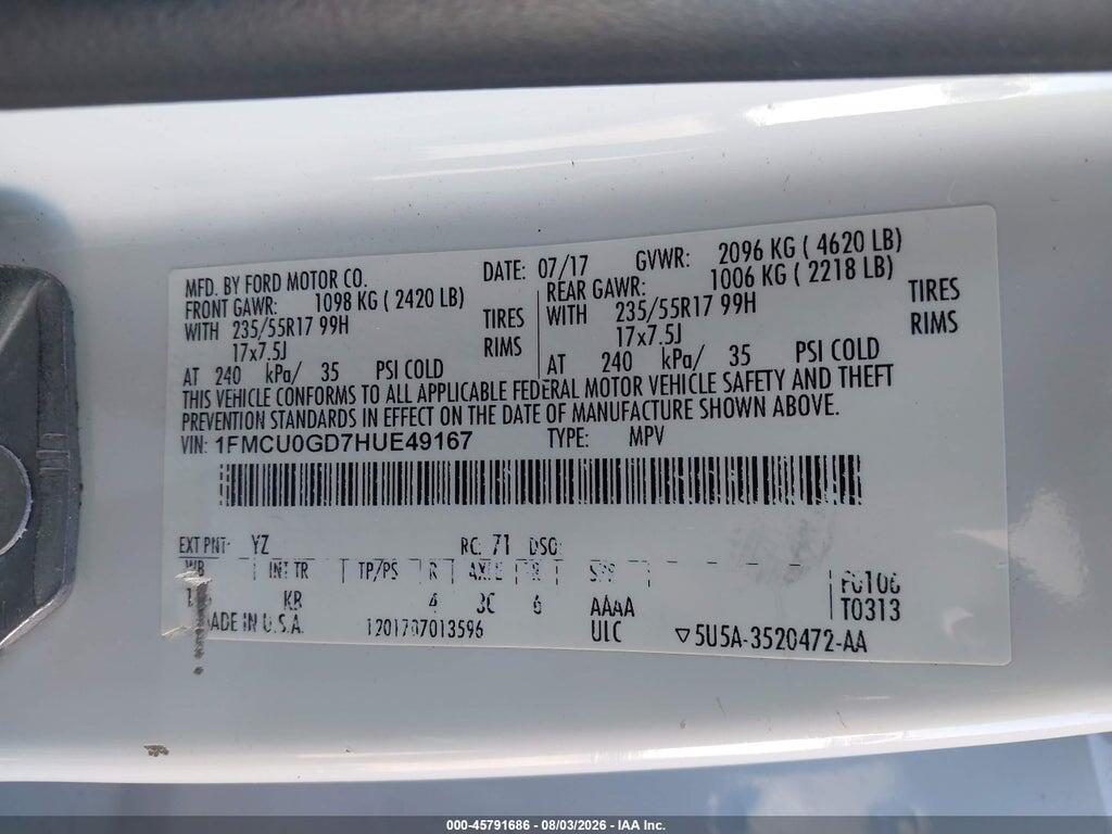 1FMCU0GD7HUE49167 2017 FORD ESCAPE photo no. 9