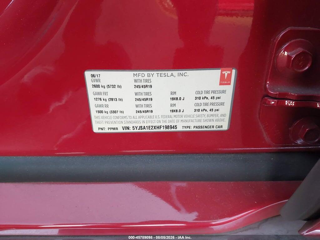 5YJSA1E2XHF198945 2017 TESLA MODEL S photo no. 9