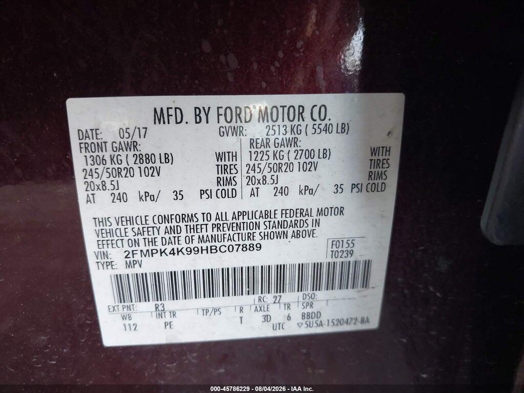 2FMPK4K99HBC07889 2017 FORD EDGE photo no. 9