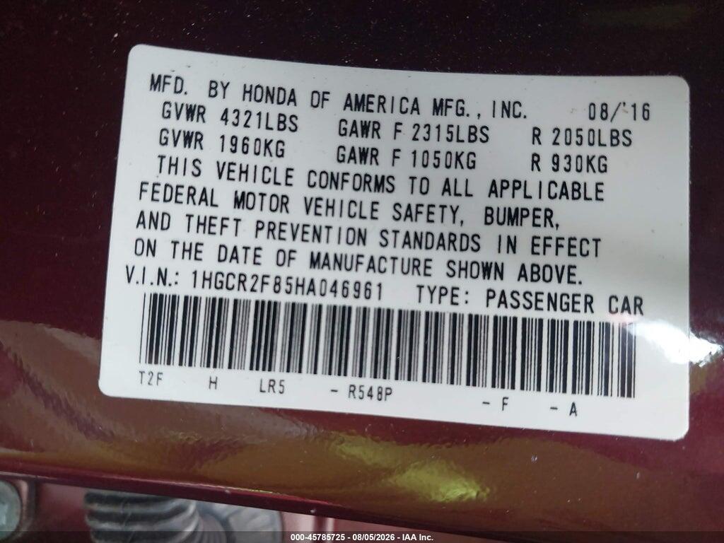 1HGCR2F85HA046961 2017 HONDA ACCORD photo no. 9