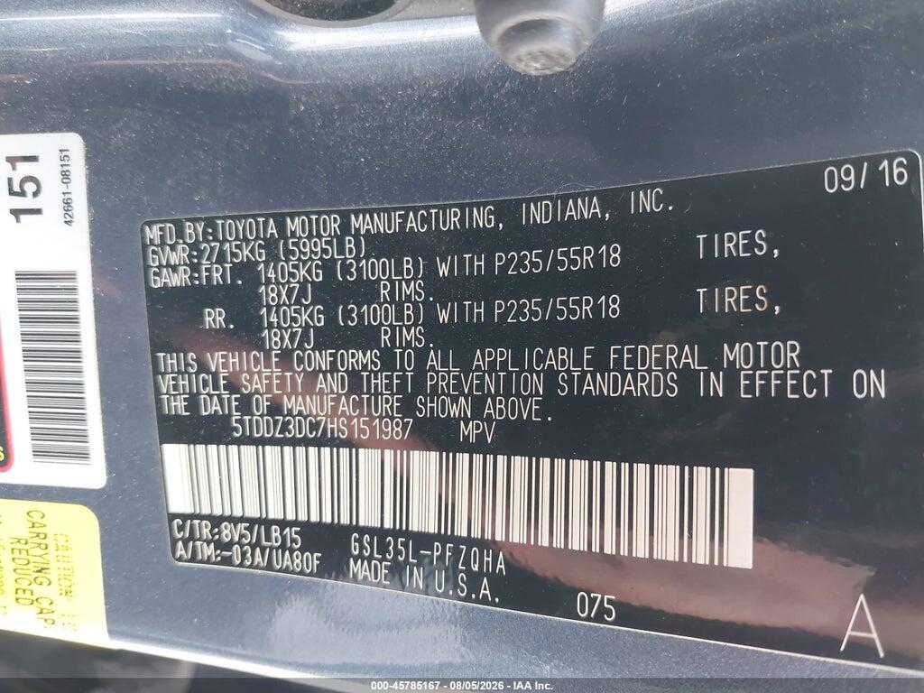 5TDDZ3DC7HS151987 2017 TOYOTA SIENNA photo no. 9