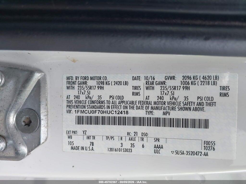 1FMCU0F70HUC12418 2017 FORD ESCAPE photo no. 9
