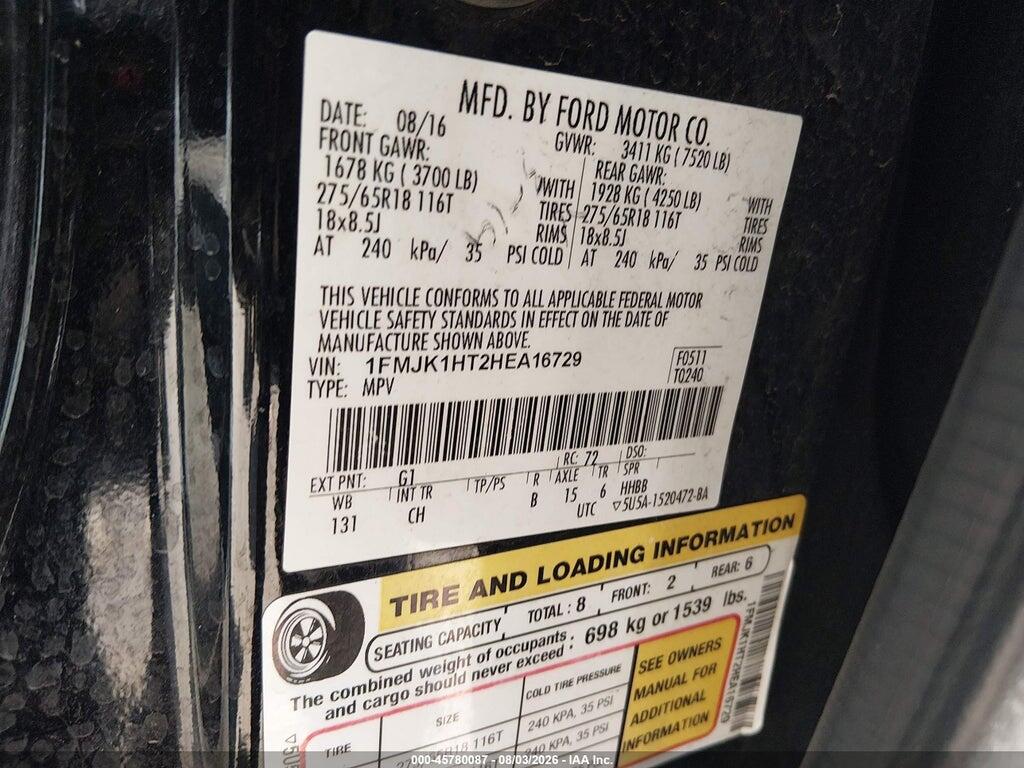 1FMJK1HT2HEA16729 2017 FORD EXPEDITION EL photo no. 9