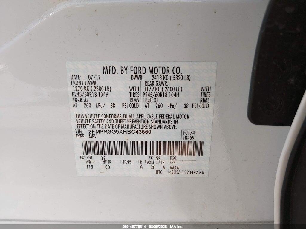 2FMPK3G9XHBC43660 2017 FORD EDGE photo no. 9
