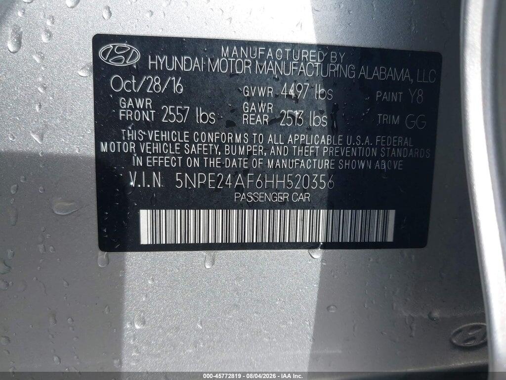 5NPE24AF6HH520356 2017 HYUNDAI SONATA photo no. 9