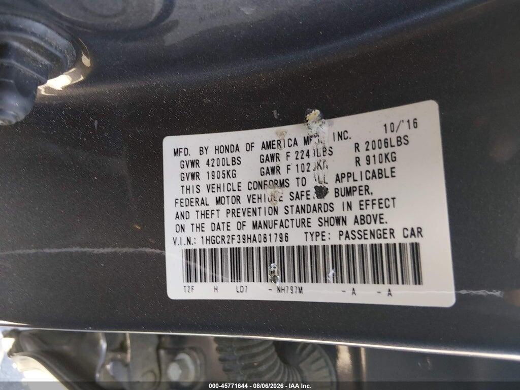 1HGCR2F39HA081796 2017 HONDA ACCORD photo no. 9