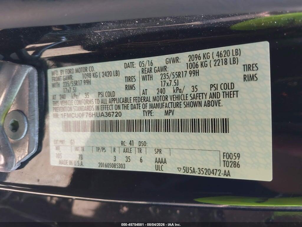 1FMCU0F76HUA36720 2017 FORD ESCAPE photo no. 9