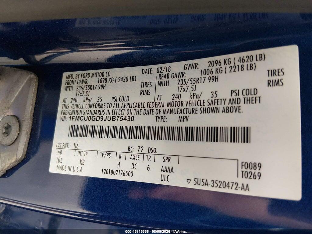 1FMCU0GD9JUB75430 2018 FORD ESCAPE photo no. 9
