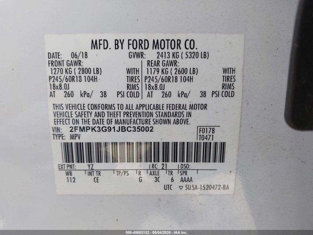 2FMPK3G91JBC35002 2018 FORD EDGE photo no. 9
