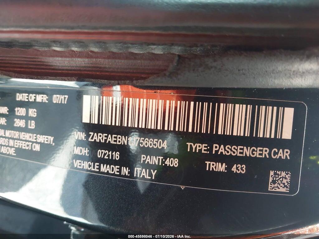 ZARFAEBN1J7566504 2018 ALFA ROMEO GIULIA photo no. 9