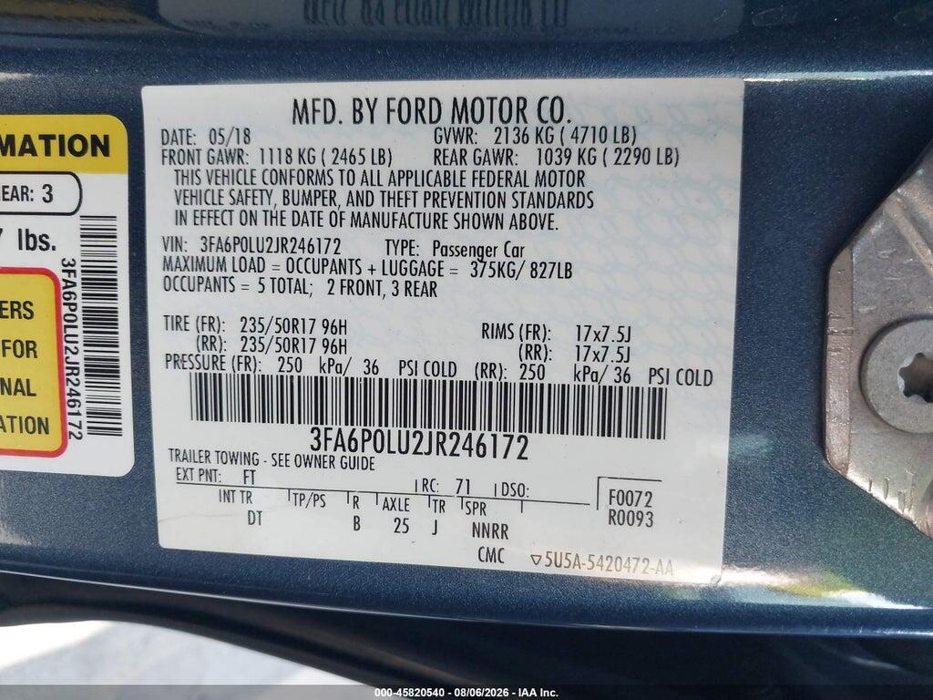 3FA6P0LU2JR246172 2018 FORD FUSION HYBRID photo no. 9