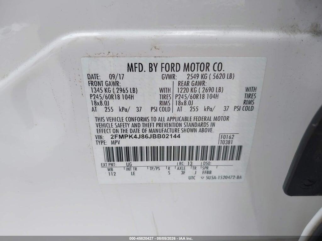 2FMPK4J86JBB02144 2018 FORD EDGE photo no. 9