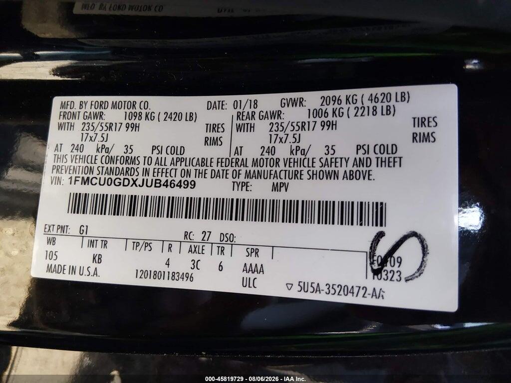 1FMCU0GDXJUB46499 2018 FORD ESCAPE photo no. 9