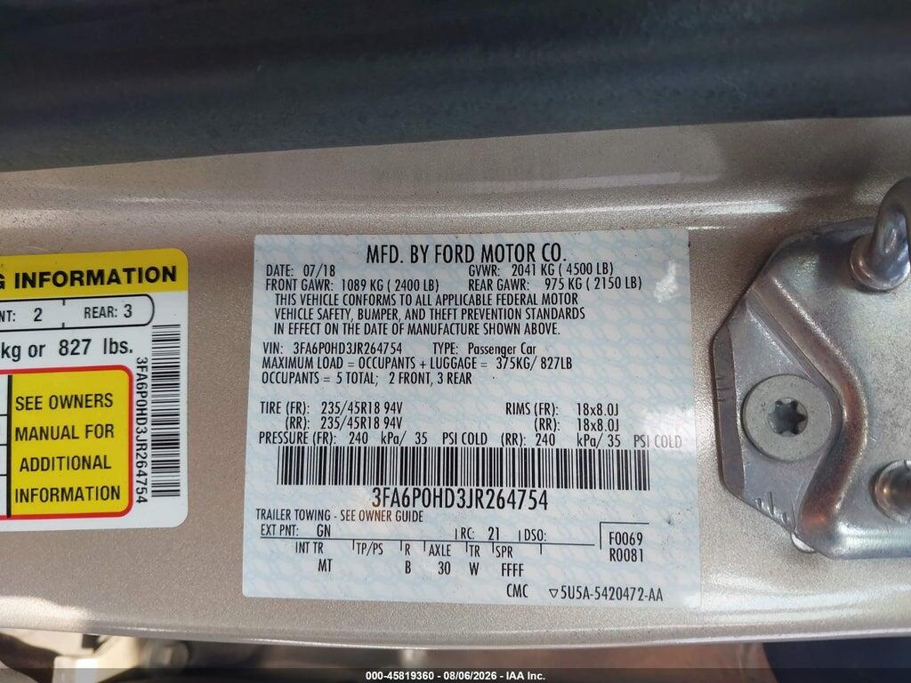 3FA6P0HD3JR264754 2018 FORD FUSION photo no. 9