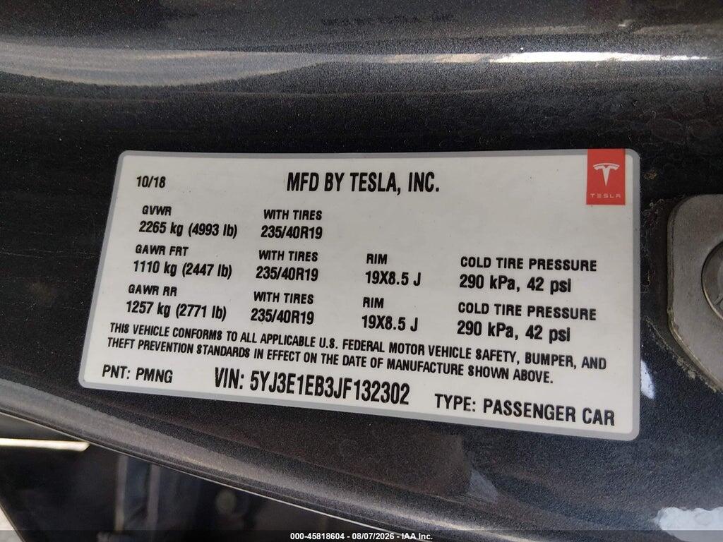 5YJ3E1EB3JF132302 2018 TESLA MODEL 3 photo no. 9