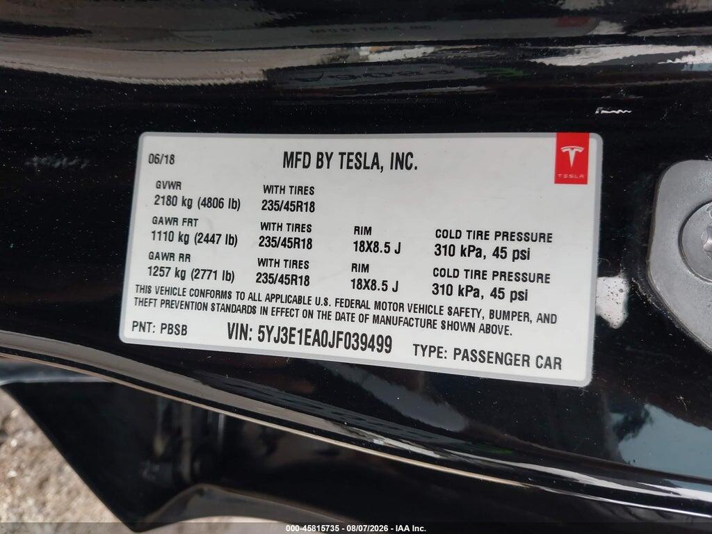 5YJ3E1EA0JF039499 2018 TESLA MODEL 3 photo no. 9