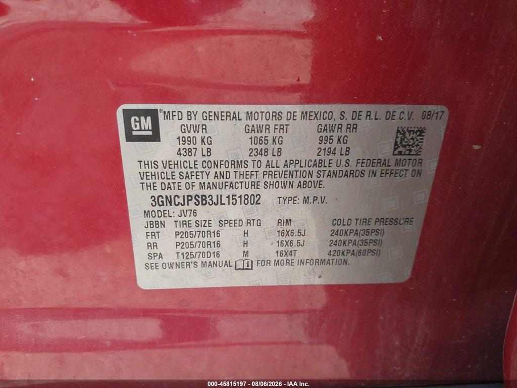 3GNCJPSB3JL151802 2018 CHEVROLET TRAX photo no. 9