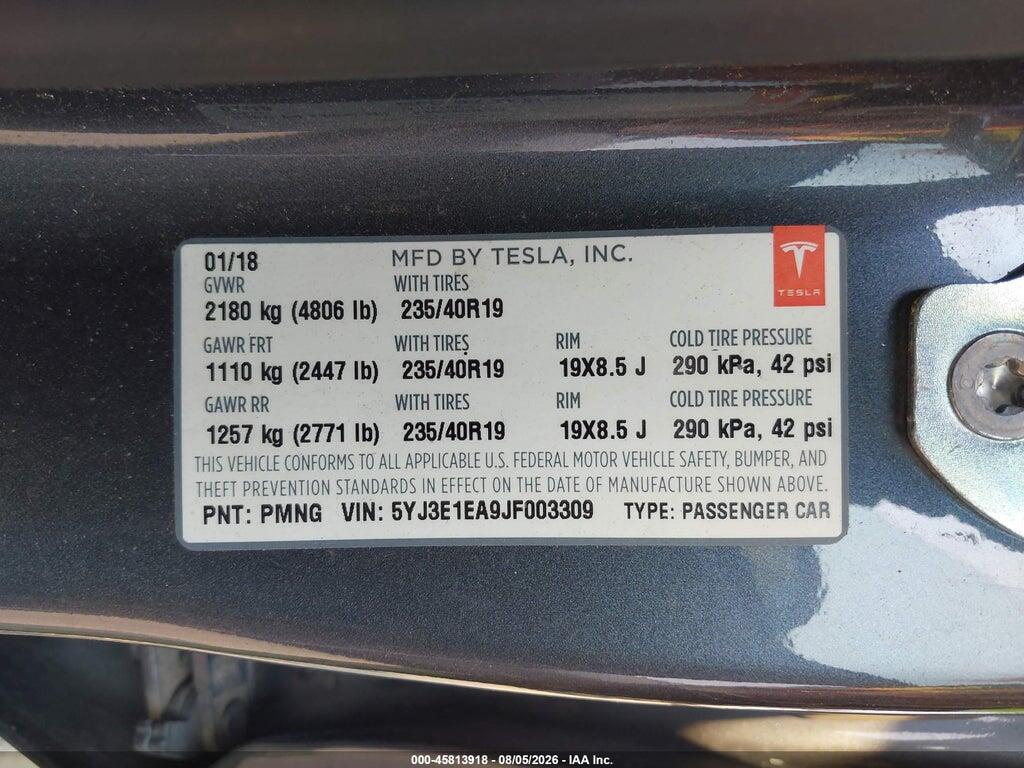 5YJ3E1EA9JF003309 2018 TESLA MODEL 3 photo no. 9