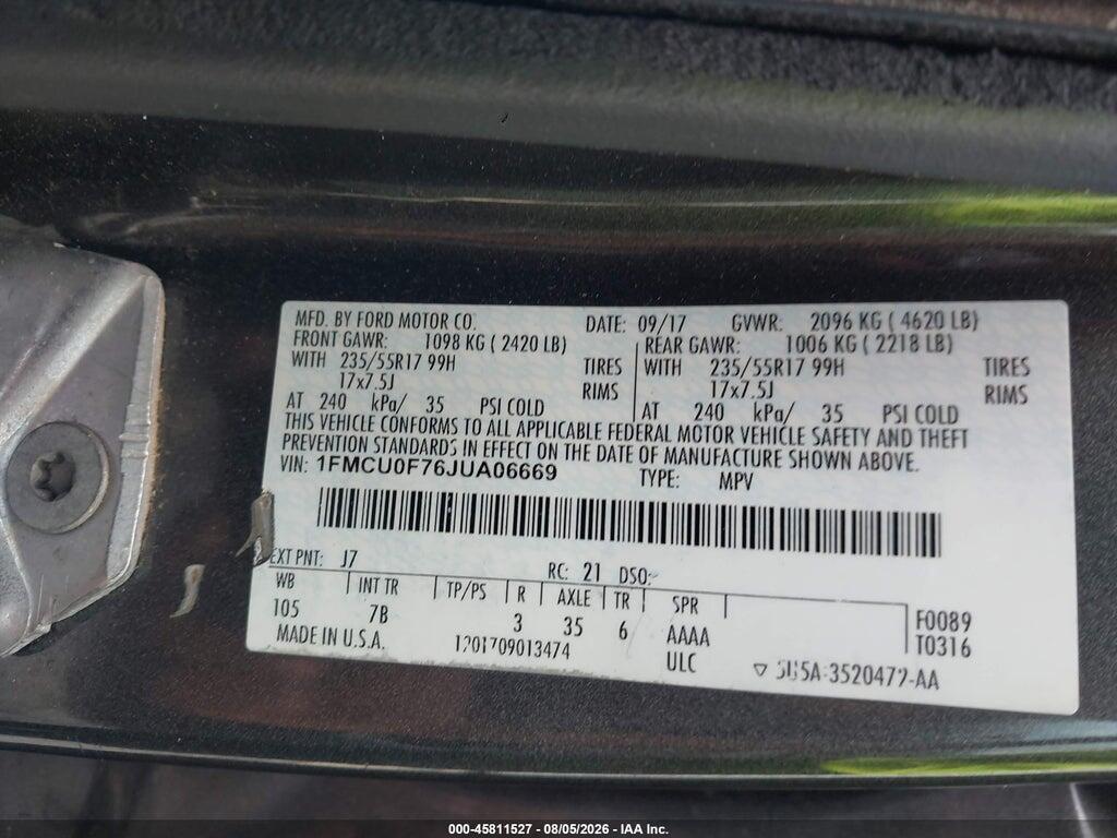 1FMCU0F76JUA06669 2018 FORD ESCAPE photo no. 9