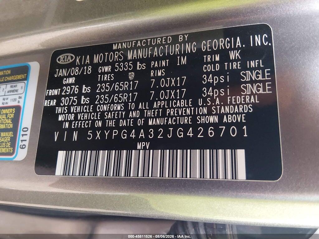 5XYPG4A32JG426701 2018 KIA SORENTO photo no. 9