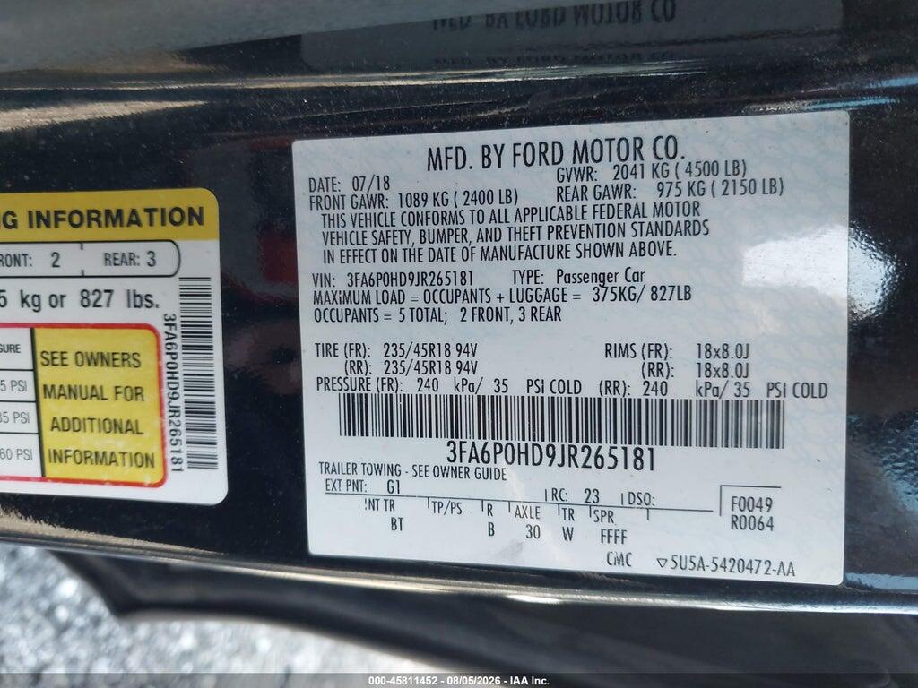 3FA6P0HD9JR265181 2018 FORD FUSION photo no. 9