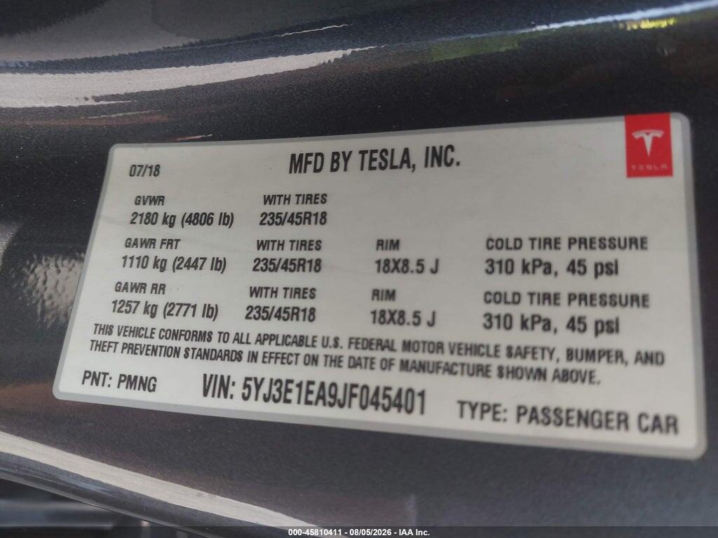 5YJ3E1EA9JF045401 2018 TESLA MODEL 3 photo no. 9