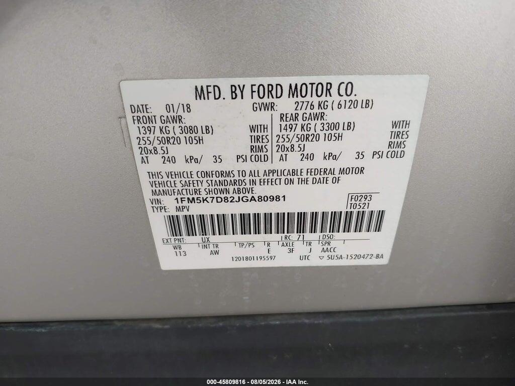 1FM5K7D82JGA80981 2018 FORD EXPLORER photo no. 9